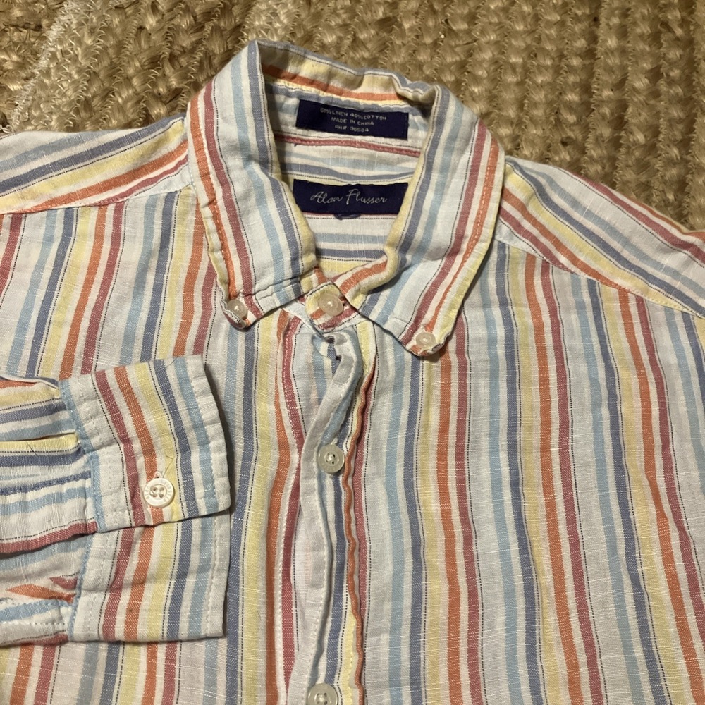 Alan Flusser Mens Linen Cotton Striped Button Down Shirt Multi Color Long Sleeve